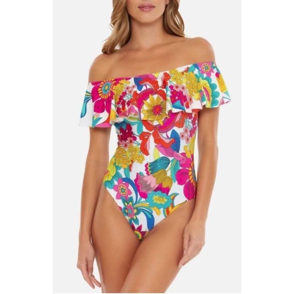 Trina Turk Women's Fontaine Bandeau Ruffle One-Piece Swimsuit Floral Multi Sz 10